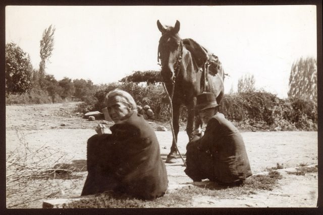 Un hombre y una mujer junto a un caballo.