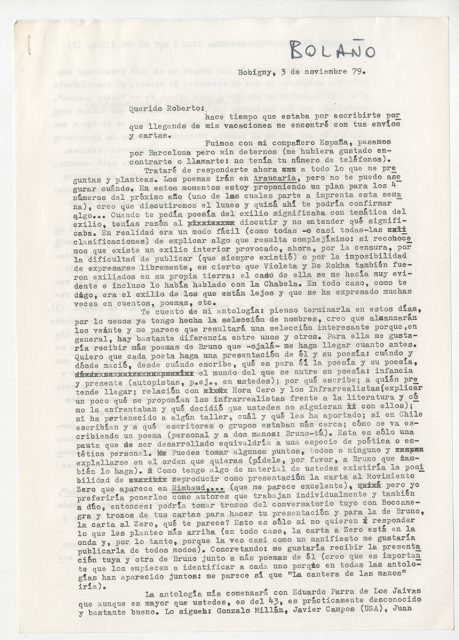 Carta de Soledad Bianchi a Roberto Bolaño, 3 de noviembre de 1979