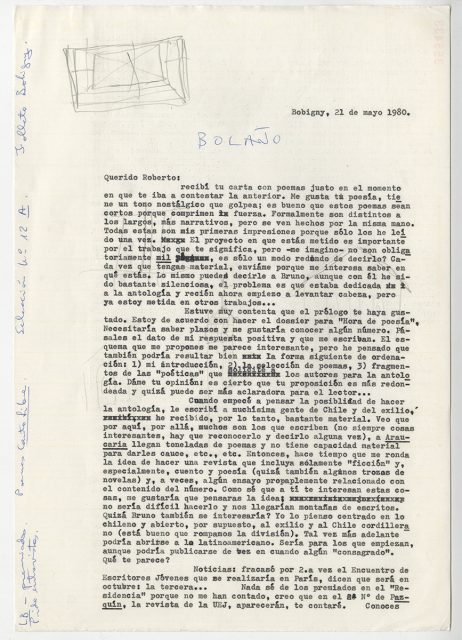 Carta de Soledad Bianchi a Roberto Bolaño, 21 de mayo de 1980