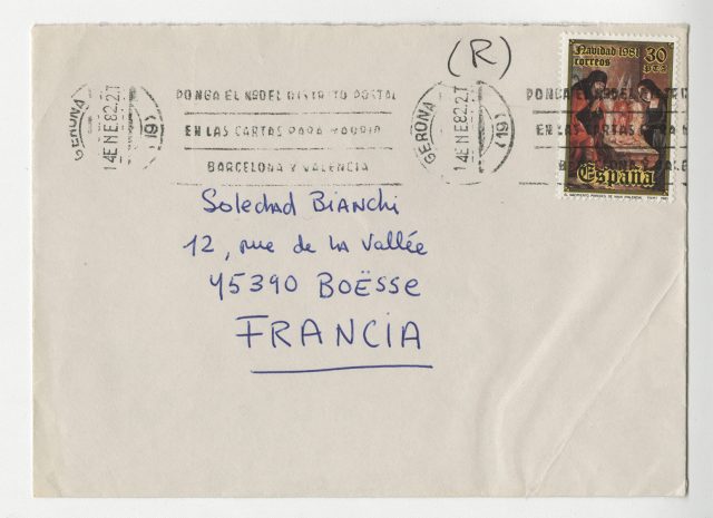 Sobre y carta de Roberto Bolaño a Soledad Bianchi, 14 de enero de 1982