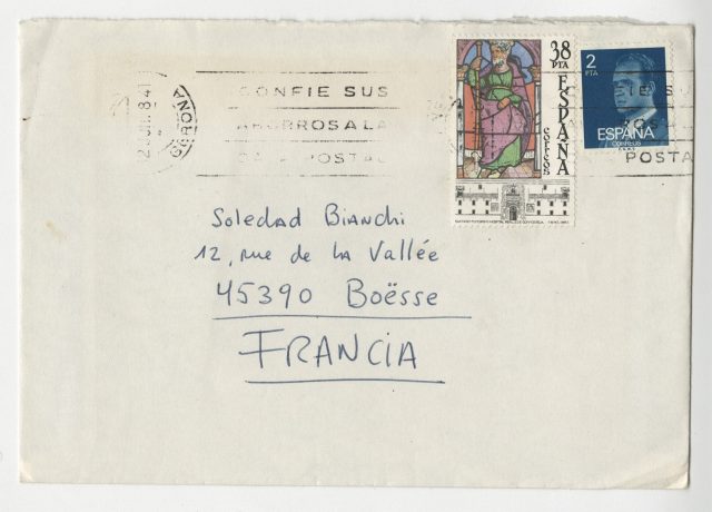 Sobre y carta de Roberto Bolaño a Soledad Bianchi, 12 de junio de 1984