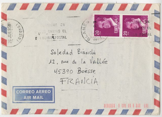 Sobre y carta de Roberto Bolaño a Soledad Bianchi, 26 de junio de 1985