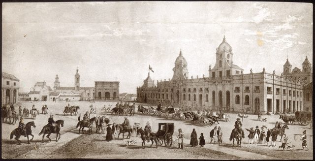 Vista de una plaza durante la Colonia