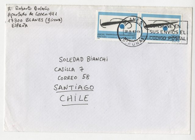 Sobre y carta de Roberto Bolaño a Soledad Bianchi