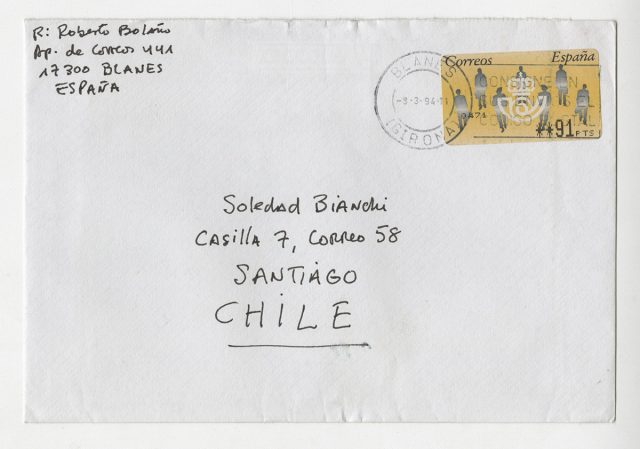 Sobre y carta de Roberto Bolaño a Soledad Bianchi